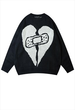 Broken heart sweater knitted love jumper emoji top in black