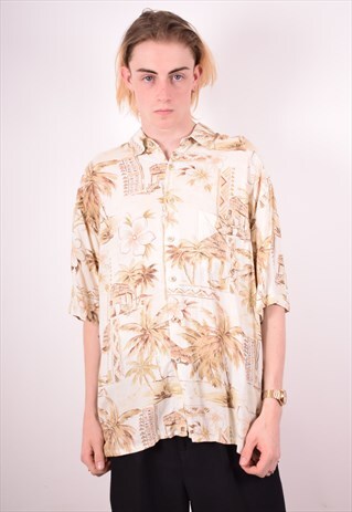 MENS VINTAGE HAWAIIAN SHIRT LARGE BEIGE 90S