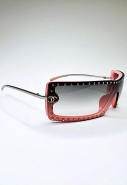 Chanel Sunglasses Shield Crystal Visor Pink Grey 5077B