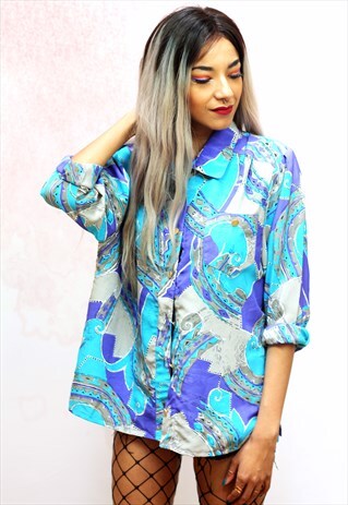 1990S VINTAGE SILKY BLUE AND GREY PATTERNED SHIRT