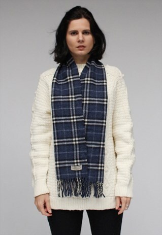 VINTAGE LAMBSWOOL-CASHMERE CHECKED SCARF NAVY-AS18