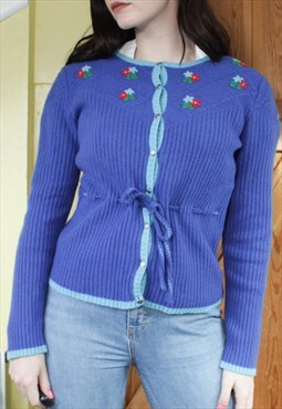 vintage austrian lambswool blue knit cardigan w/ embroidery