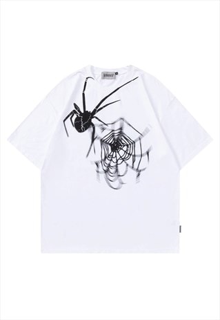 SPIDER PRINT T-SHIRT GRAFFITI TEE SPIDER WEB TOP IN WHITE