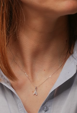 SOLID WHITE GOLD DIAMOND "A" INITIAL PENDANT NECKLACE