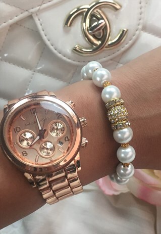 WHITE AND GOLD SWAROVSKI CRYSTAL AND PEARL BEAD BRACELET