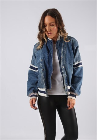 DENIM JACKET 90'S BOMBER OVERSIZED STRIPED UK 12 (BJDD)