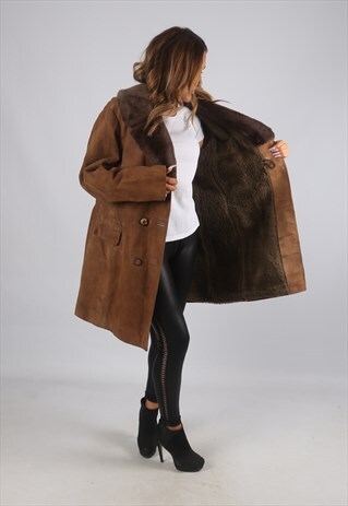VINTAGE SUEDE 'SHEEPSKIN STYLE' COAT SHORT MID UK 14 (K9BZ)