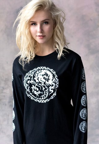 YIN YANG DRAGON LONG SLEEVE PRINT BLACK T SHIRT TEE WOMEN