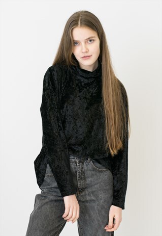VINTAGE BLACK VELVET TURTLE NECK LONG SLEEVE RETRO SWEATER