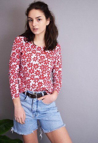 90'S RETRO BOHO FESTIVAL CKECKED FLORAL PRINT BLOUSE TOP