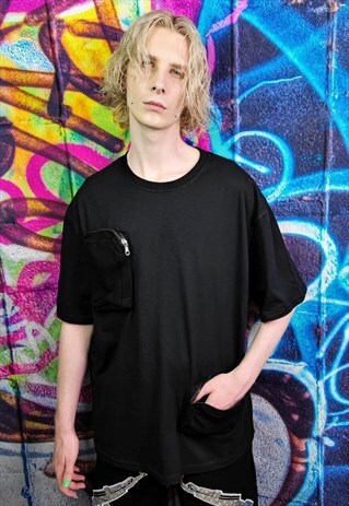 CARGO POCKET T-SHIRT UTILITY TEE MULTI FUNCTION TOP IN BLACK