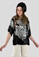 80'S VINTAGE SILVER BLACK SEQUIN FLORAL EVENING TOP