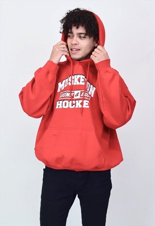 VINTAGE 90'S GILDAN RED HOCKEY HOODIE WITH POCKET