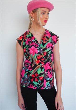 VINTAGE FLORAL SLEEVELESS BUTTON UP BLOUSE