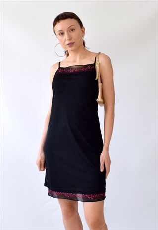 VINTAGE 90S Y2K EMBROIDERED SHEER OVERLAY STRAPPY MINI DRESS