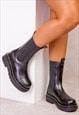 STACEY STACKED BOOTS IN BLACK FAUX LEATHER