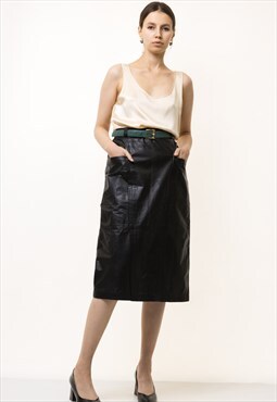 80s Vintage  Leather Midi Pencil Skirt Small Medium 4834