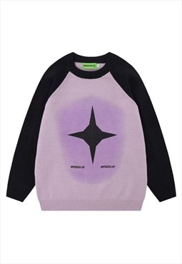 Geometric sweater knitted raglan jumper Star top in purple