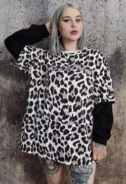 Leopard fake 2 sleeve tee long animal print bleached t-shirt