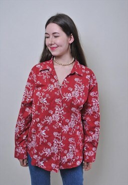 Vintage flowers red blouse, roses print woman button down 