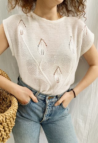 VINTAGE 80S PARISIAN ABSTRACT BOTANICA BOHO KNIT BLOUSE TOP