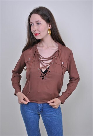 90S BROWN LACE BLOUSE, DEEP DECOLLETE SUMMER SHIRT, SIZE M