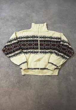 Vintage Knitted Cardigan Zip Up Patterned Grandad Sweater