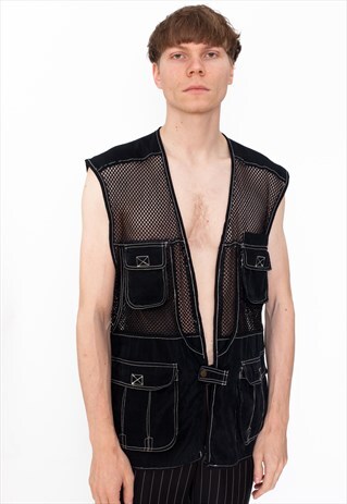VINTAGE 90S BLACK FISHERMAN GILET JACKET ID:A309