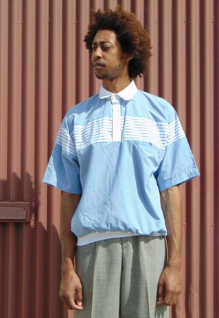 80S 90S MINIMALIST SKATER STRIPE BLUE POPOVER SHIRT LARGE