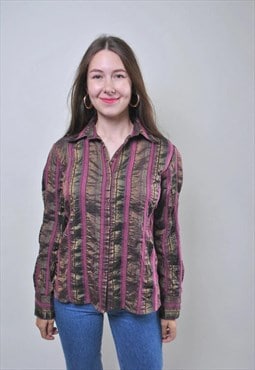 Y2k gold blouse, striped shiny button up LARGE size 