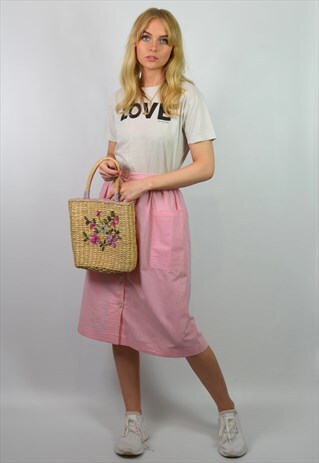 VINTAGE HIGH WAISTED PINK & WHITE STRIPE MIDI SKIRT