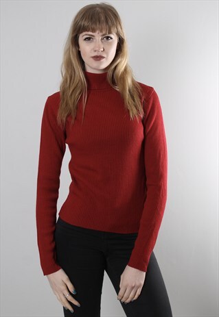 VINTAGE 90S RED RIBBED KNIT POLO TURTLE NECK JUMPER