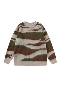 Camo print sweater fluffy military jumper knitted stripe top