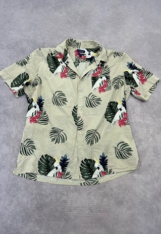 VINTAGE HAWAIIAN SHIRT LEAF AND BIRD PATTERNED SHIRT