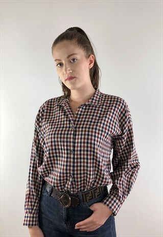 WOMENS VINTAGE 80S AQUASCUTUM SHIRT CHECKED LONG SLEEVED TOP