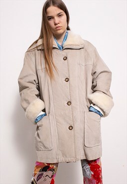 Vintage Suede Leather Shearling Coat White Beige Soft Collar