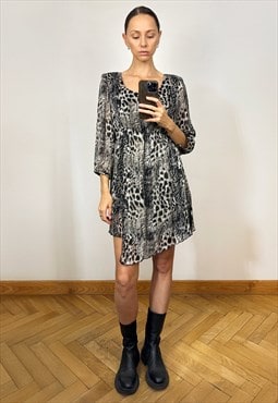 Vintage Animal Print Chiffon Midi Dress