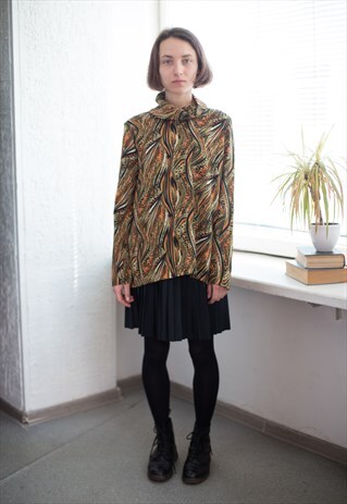 VINTAGE 70'S PATTERN HIGH COLLAR BLOUSE