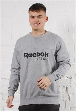 Vintage Reebok Sweater in Grey with Spell Out Logo Large