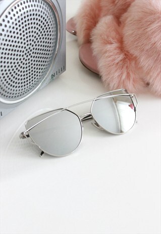 SILVER RIM MIRROR LENS CAT EYE SUNGLASSES