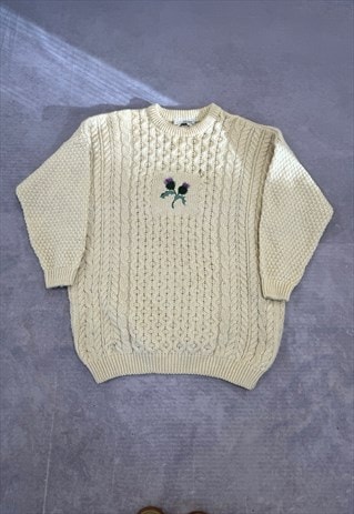 VINTAGE KNITTED JUMPER SCOTTISH THISTLE PATTERN CHUNKY KNIT