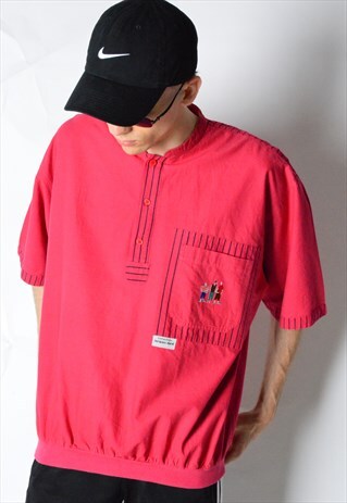 VINTAGE 80S RED 1/3 BUTTON COLLARLESS SHIRT