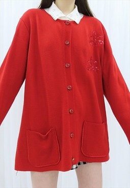 90s Vintage Red Floral Embroidered Cardigan (Size L)