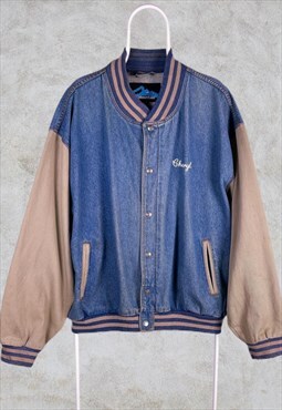 Vintage Denim Varsity Jacket Blue Beige Letterman XXL