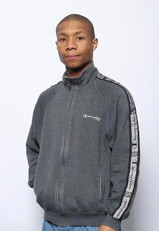 VINTAGE CHAMPION FULL ZIP TAPE LOGO SWEATSHIRT GREY