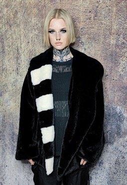 Faux fur stripe coat fluffy trench jacket punk bomber black