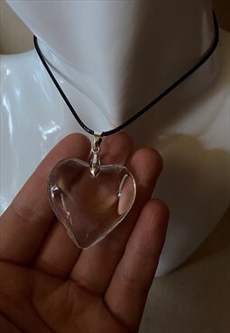 clear glass puff heart pendant wax cord necklace