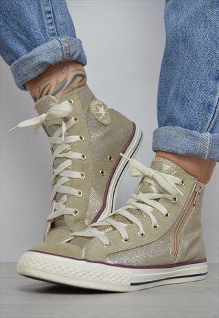 VINTAGE 90S CONVERSE BEIGE & METALLIC GOLD HI-TOPS TRAINERS