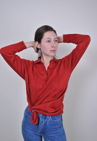 80S RETRO RED LONG SLEEVE POLO, MINIMALIST COLLAR SWEATSHIRT