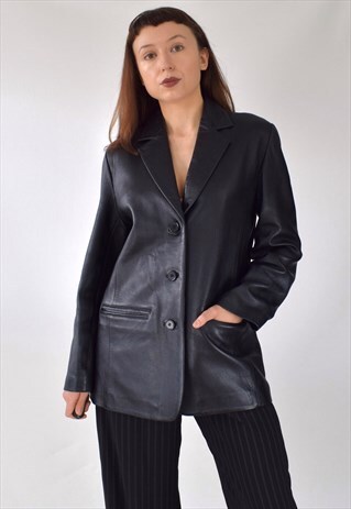 VINTAGE 90S BLACK FITTED TAILORED LEATHER BLAZER JACKET